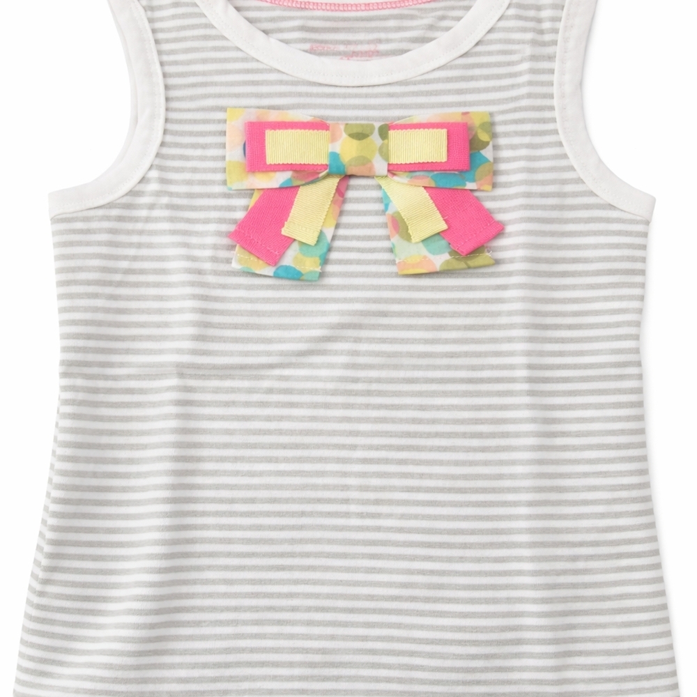 Girls' Gray Stripe Tank Top with Pink & Multicolor Bow